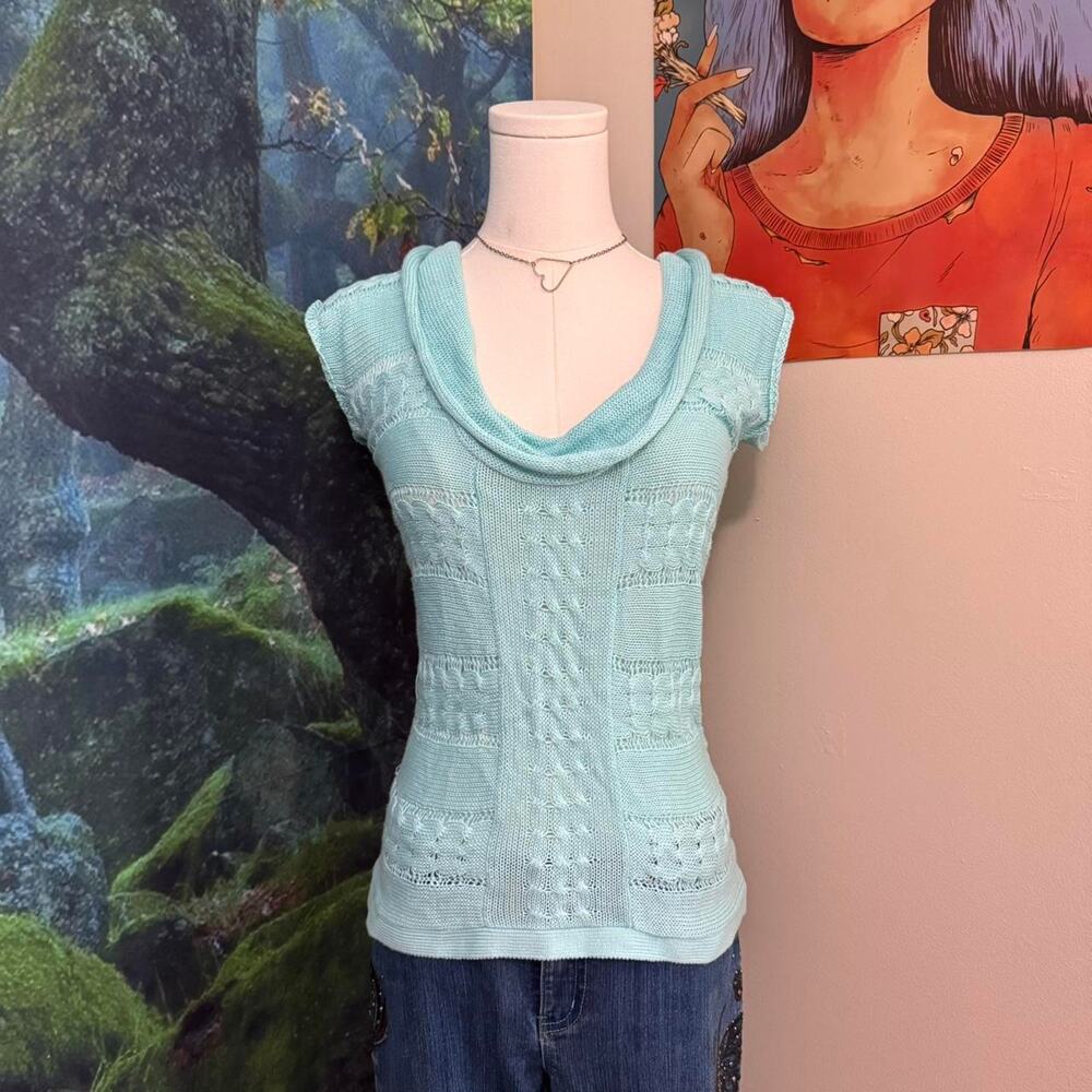 y2k aqua knit cowl neck cap sleeve top stretchy coquette style